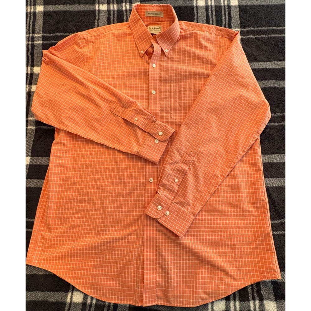 L.L. Bean Button Down Shirt Mens Large Orange Check Wrinkle‎ Resistant 275569